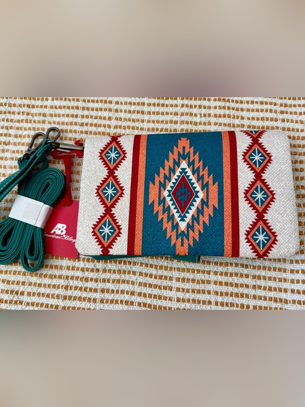 American Bling Southwestern Embroidered Teal & Coral Wristlet Clutch NWOT
